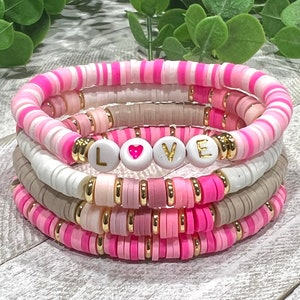 Valentine's Day Pink Heishi Bead Bracelet Stack, Personalized Name Bracelet