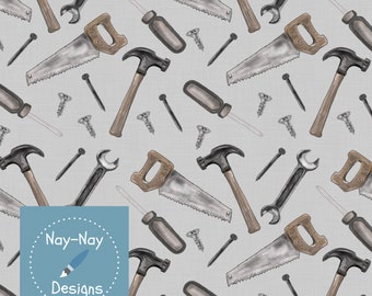May include: A seamless pattern featuring various tools, including hammers, saws, wrenches, and screws. The tools are illustrated in a watercolour style on a light grey background.