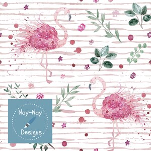 May include: A seamless pattern featuring pink flamingos with pink and white feathers, green leaves, and pink flowers on a white background with pink stripes. The pattern is repeated throughout the image. The text "Nay-Nay Designs" is in a blue circle in the lower left corner of the image.