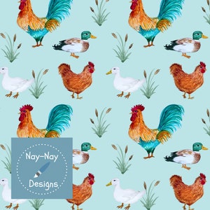 May include: A seamless pattern featuring watercolour illustrations of roosters, hens, ducks, and cattails on a light blue background. The roosters have red combs, orange bodies, and blue and green tails. The hens are brown with red combs. The ducks are white, brown, and green. The cattails are green and brown.