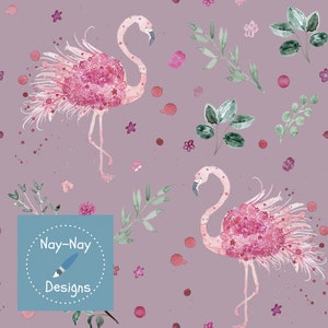 May include: A seamless pattern featuring pink flamingos with floral details on a light purple background. The flamingos are stylized with pink flowers and leaves. The pattern also includes small pink and red dots and green leaves.