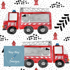 May include: A seamless pattern featuring red fire trucks with black wheels and a black hose. The trucks have a white ladder and the words "FIRE" on the side. The background is white with black dots and black abstract shapes.
