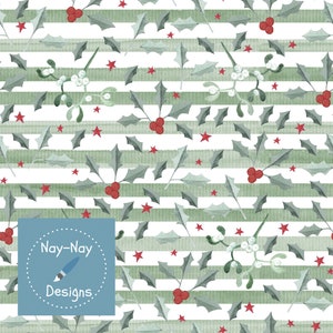 May include: A seamless pattern featuring green holly leaves, red berries, white mistletoe berries, and red stars on a white background with green stripes.