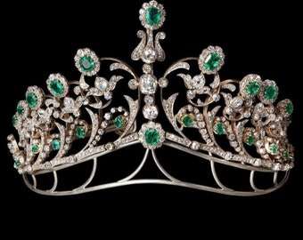 Victorian era Inspired Rosecut Diamond emeral princess bridal tiara in 925 silver