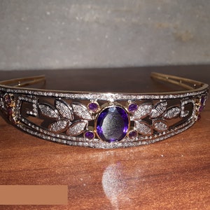 Antique 10.70 Ctw Rose Cut Diamond & Amethyst  Princess Hair Band Tiara, wedding tiara , bridal crown in silver
