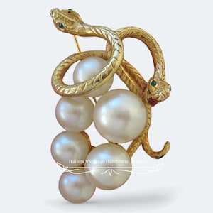 Antique victorian 925 sterling silver Pearl ruby emerald snake Brooch vintage inspired brooch