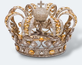 Corona di Isabela II di Spagna, corona in argento sterling 925 con zirconi e topazi gialli, replica della tiara reale, corona spagnola, corona di Isabela II