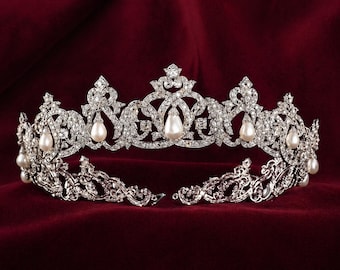 Princess Caroline of Monaco Pearl Drop Tiara | 925 Sterling Silver CZ Crown | Royal Bridal Headpiece | Wedding Tiara Gift for Her