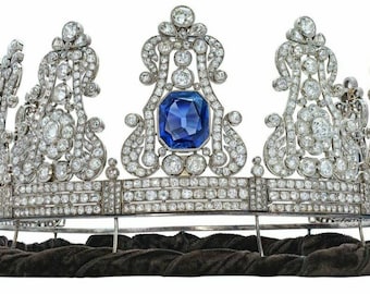 Victorian Art 12.790ctw American diamond blue sapphire sterling silver "Queen Marry II of Portugal"  tiara/ hair band/ anniversary gift