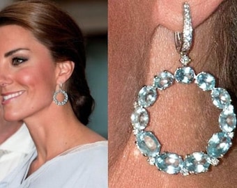 Art deco 925 sterling silver cz Zircon "Kate Middleton" blue topaz earrings Hoop earing bezel set  for wedding