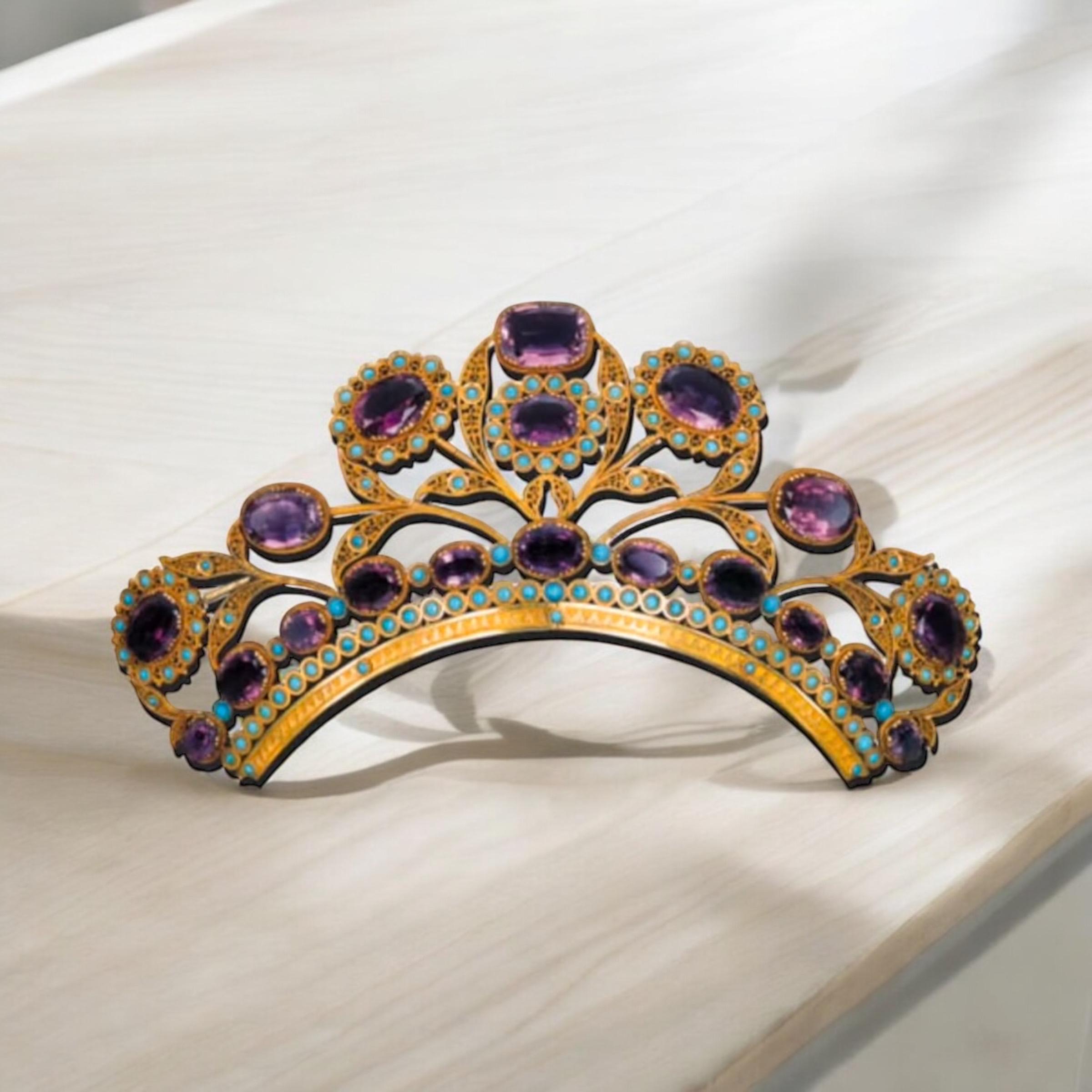 Vintage inspired 925 sterling silver turquoise and amethyst tiara crown, gift for her