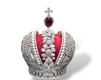 May include: A silver crown with a red velvet lining and a large ruby gemstone on top. The crown is decorated with pearls and diamonds.