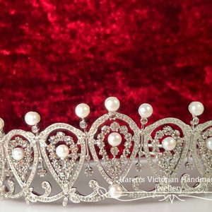 Victorian era InspiredRosecut Diamond 925 Sterling Silver &quot; pearl and diamond loop Spanish royal tiara ,queen Emerita tiara/ for wedding