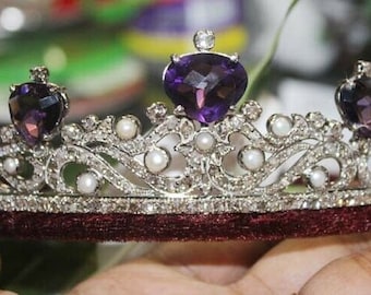 13.44cts rose cut diamond amethyst antique victorian look sterling silver tiara