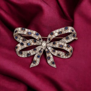 Edwardian inspired blue sapphire and cubic zircon  sterling silver bow brooch , gift for her