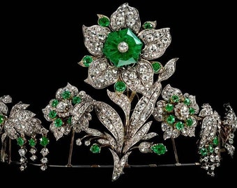 Vintage 16.70 Ctw Natural brilliant cut certified Diamond & emerald 925 Sterling Silver Hallmarked floral royal Tiara