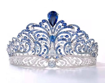 925 plata esterlina Cz zircon azul zafiro corona de Miss universo
