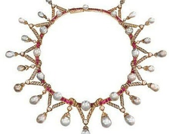 Vintage necklace inspired by Empress Marie Antoinette cubic zirconia ruby pearl drop necklace for bridal