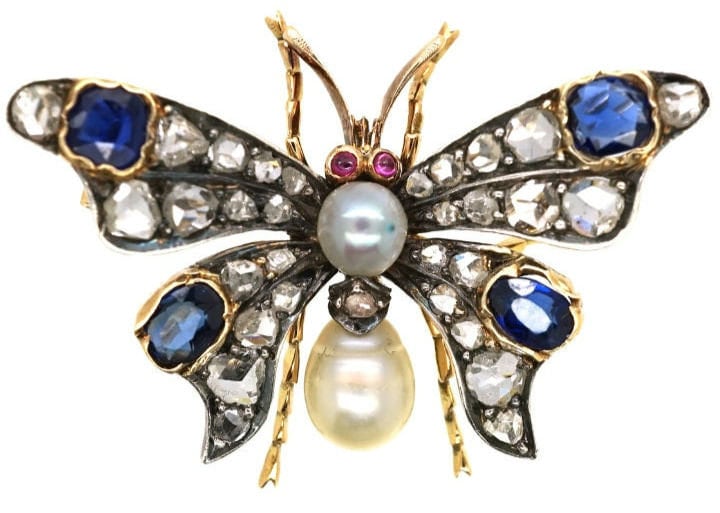 Antique 1.790 ctw. Rose Cut Diamond 925 silver blue sapphire, Ruby & Pearl Butterfly Brooch for her