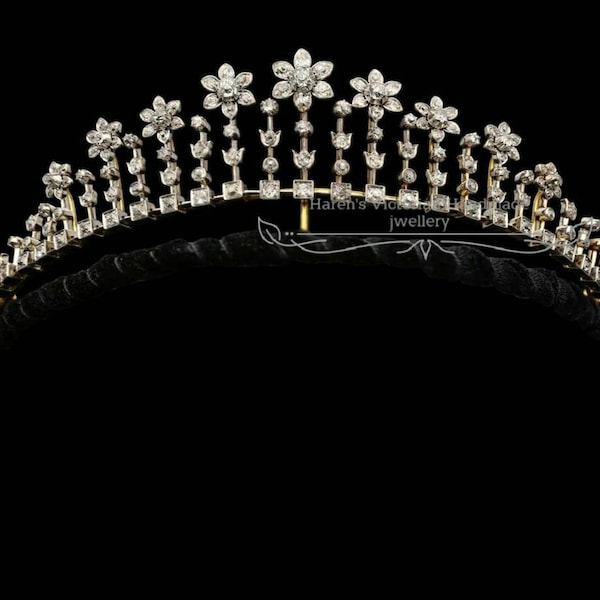 Rose Cut Diamond Floral Bridal Tiara: 925 Sterling Silver Crown