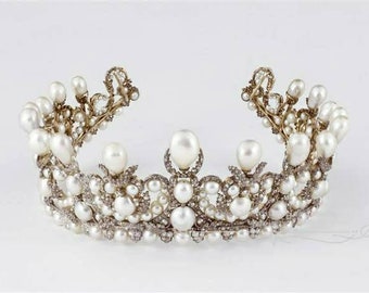Vintage 925 plata esterlina rosa corte diamante emperatriz Eugenei perla y diamante tiara regalo de aniversario / regalo de amor / día de San Valentín
