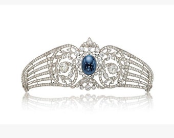 Tiara nuziale art deco con zaffiri blu, tiara principessa reale placcata in bianco e oro su argento
