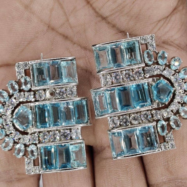 Art Deco 925 sterling silver 'Queen Elizabeth ii aquamarine double clip American Diamond brooches birthday/ anniversary/wedding/ gift