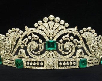 Victorian 15.70 Ct simulated Diamond 925 Silver emerald Princess tiara  wedding Tiara royal tiara antique tiara vintage tiara