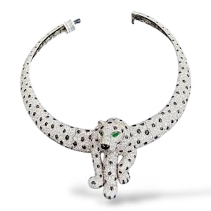 Panther necklace replica in silver emerald eyes and onyx setting,gift for her,