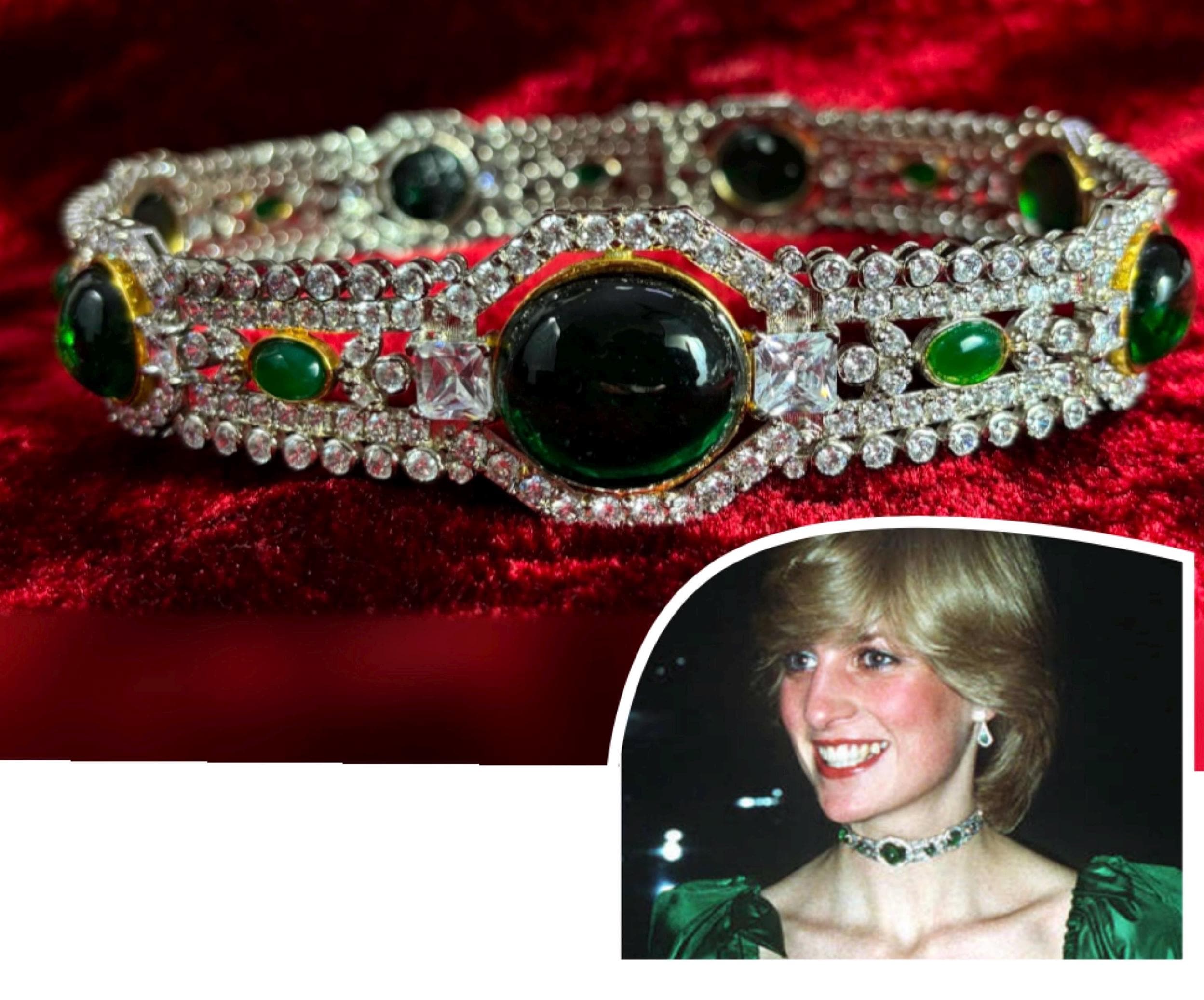 Sterling Silver Emerald Choker Necklace, Queen Mary Style, CZ