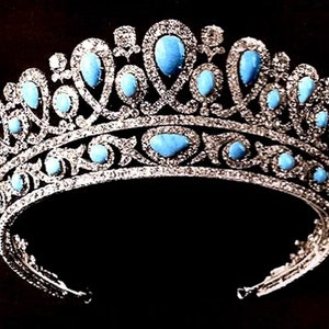 Vintage Reproduction Antique Turquoise Tiara - Greek Royal Family Inspired Turquoises with Rose Cut Diamonds