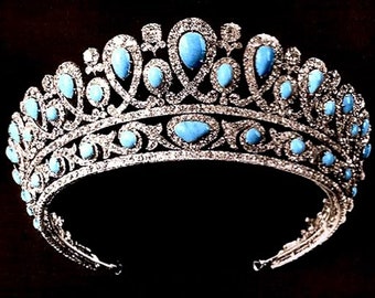 Vintage Reproduction Antique Turquoise Tiara - Greek Royal Family Inspired Turquoises with Rose Cut Diamonds