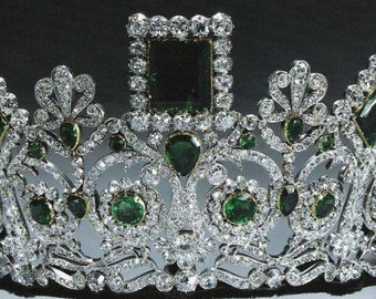 Antique 925 Silver CZ Zircon Duchess of Luechtenberg Emerald Tiara - Wedding, Royal, Vintage Bridal Tiara