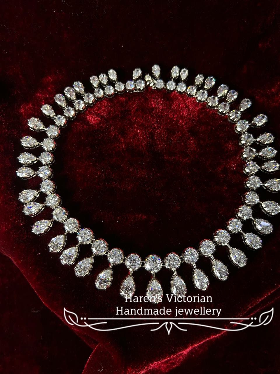 Vintage Reproduction Empress Marie Antoinette pear drop necklace on 925 sterling silver simulated Diamond white gold plated on silver