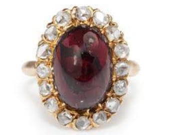 Victorian Garnet Ring, Rose Cut Diamond Halo, Gold Plated 925 Silver
