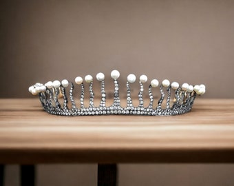 Vintage Inspired Tiara For Women: 925 Sterling Silver CZ Diamond and Fresh Water Pearl Studded Tiara