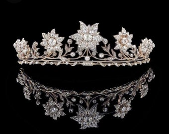 Corona di tiara floreale in argento sterling 925 con zirconi cubici di ispirazione vintage per lei