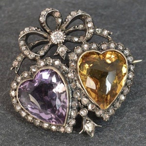 Victorian rose cut diamond 925 sterling silver vintage bow heart&#39; brooch&quot; for women / Wedding/ Anniversary gift