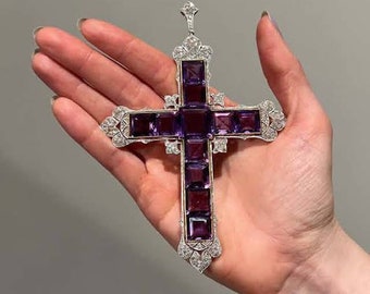 Vintage  Princess Diana Emerald cut amethyst silver cross Pendant for women, wedding, bridal, and anniversary Mother&#39;s Day gift