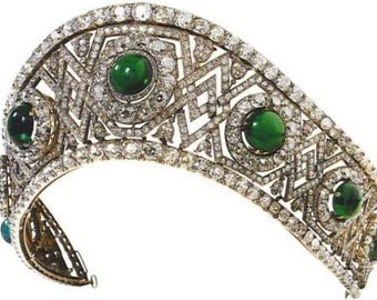 Victorian Era vintage Reproduction Rose Cut Diamond 925 silver " Grand Duchess Elizabeth Feodorovna Russian Emerald tiara" ,
