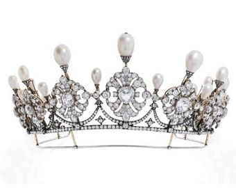 Tiara principessa reale in argento con zirconi bianchi e oro dall'aspetto vintage e antico