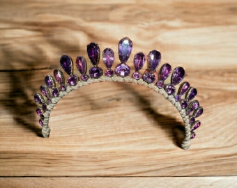 Georgian Era Inspired Amethyst Tiara - 925 Sterling Silver, Vintage Style Regal Amethyst Crown, Antique Replica Silver Tiara for Weddings an