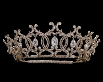 Vintage 925 sterling silver CZ zircon   Portland tiara white and yellow  gold plated tiara royal tiara