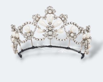 Victorian 925 Sterling Silver cz zircon pearl royal tiara , bridal tiara wedding tiara vintage tiara
