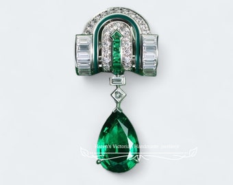 Art Deco 925 sterling silver emerald tear drop pendant brooch American Diamond brooches birthday/ anniversary/wedding/ gift