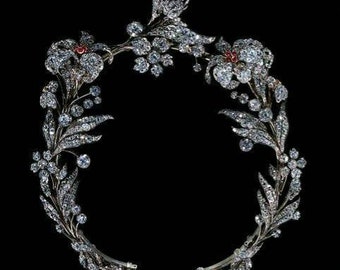Art deco 15.70 Ctw Rose Cut Diamond & Created ruby floral 925 sterling Silver Tiara for her/wedding tiara/ Bridal tiara