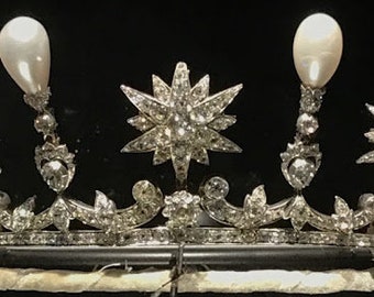Vintage Reproduction 925  Silver diamond "Queen Sophia of Sweden pearl & star tiara" for wedding/ Mothers day gif / Engagement