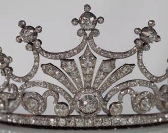 Antique victorian rose  cut diamond Sweden Queen sylvia's nine prong 925 Silver Tiara Crown parure late 19th century crown