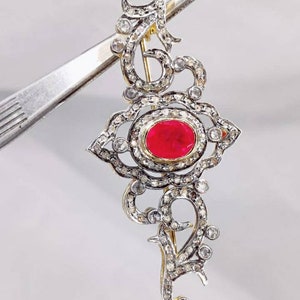 Sterling Silver Ruby Bow Brooch for Her - Victorian Style - Anniversary Gift Idea