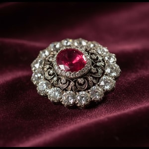 May include: A vintage brooch featuring a large, oval ruby at its centre, encircled by a halo of diamonds. The brooch has an intricate, filigree design in a silver-toned metal, set against a deep burgundy velvet backdrop.